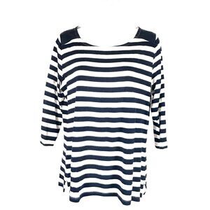 Tommy Hilfiger L Knit Top Faux Leather Yokes Navy Blue White Stripes 3/4 Sleeve